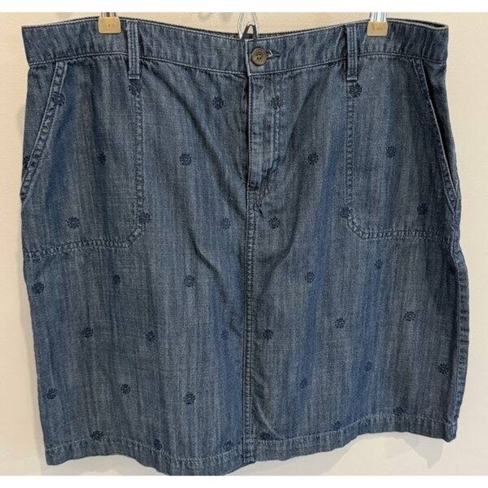 Talbots Cotton Lyocell Chambray Denim Mini Skirt Embroidered Blue Size 16
